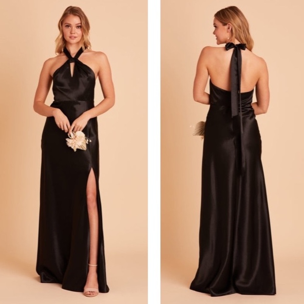 *NWT* Birdy Grey Monica Dress in Shiny Satin Black Size Small Halter With Slit